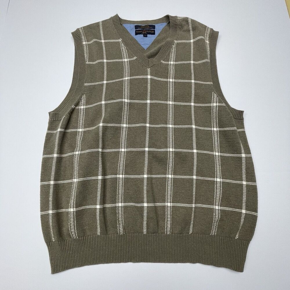Tommy Hilfiger Golf Sweater Vest Tan V-Neck Cotton Knit Classic Men's Large